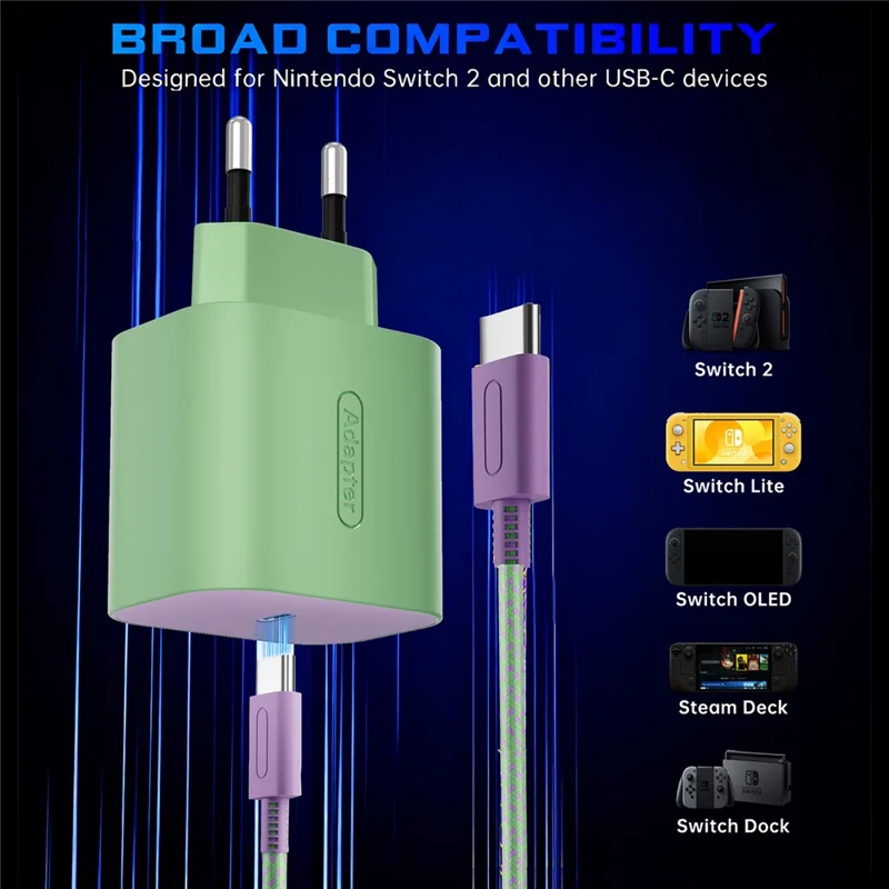 PD 60 W hurtiglader til Nintendo Switch 2/Lite/OLED spillekonsol Type-C væglader med 2 m kabel – Matcha grøn