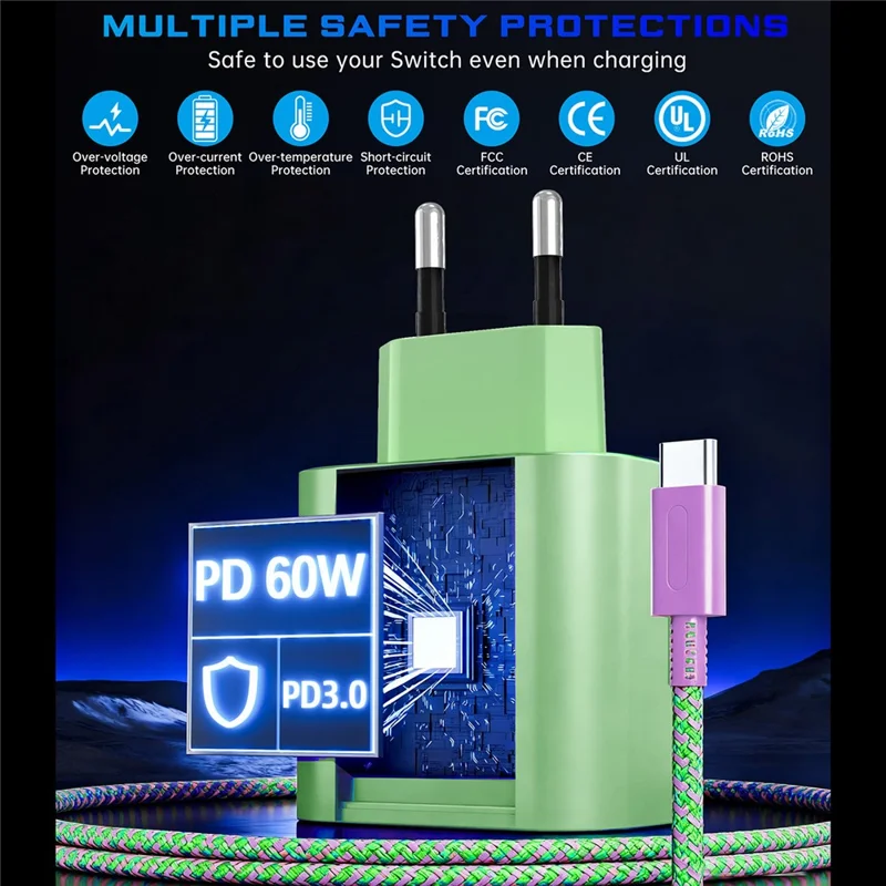 PD 60 W hurtiglader til Nintendo Switch 2/Lite/OLED spillekonsol Type-C væglader med 2 m kabel – Matcha grøn