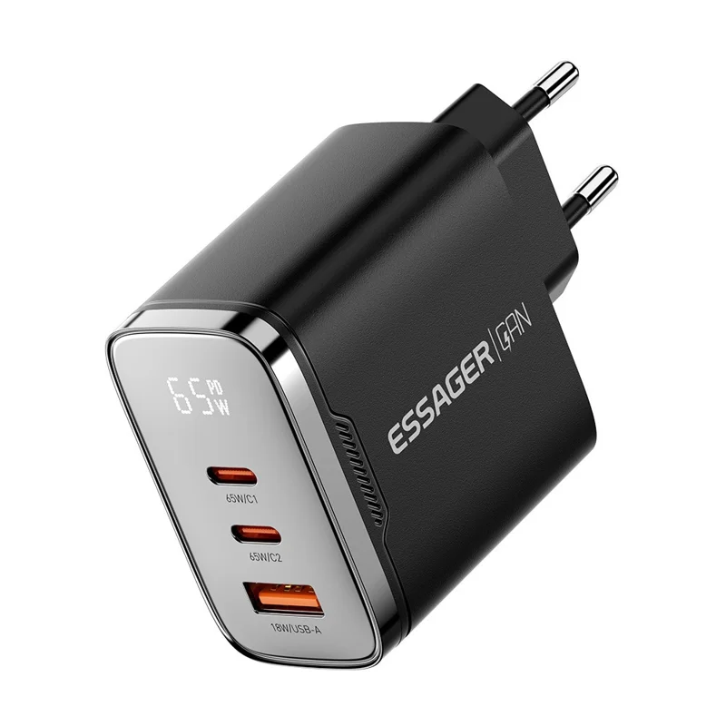 شاحن جداري ESSAGER ES-CD64 65 واط من الجاليوم نيتريد، شاحن سريع ثلاثي المنافذ بمنفذين USB-C ومنفذ USB-A بشاشة رقمية، محول طاقة للسفر - أسود / قابس الاتحاد الأوروبي