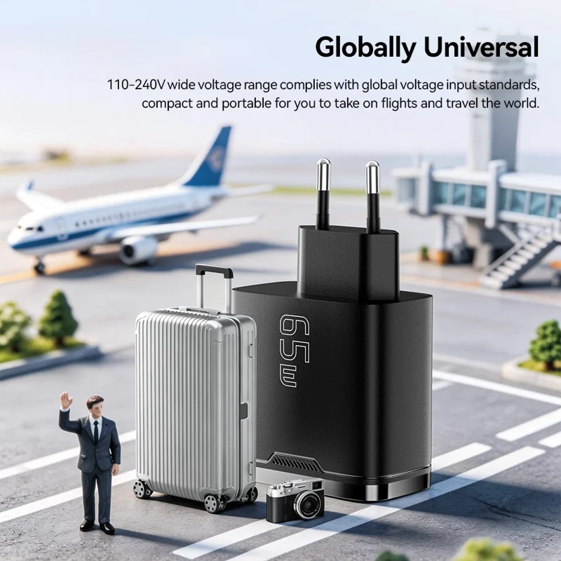 شاحن جداري ESSAGER ES-CD64 65 واط من الجاليوم نيتريد، شاحن سريع ثلاثي المنافذ بمنفذين USB-C ومنفذ USB-A بشاشة رقمية، محول طاقة للسفر - أسود / قابس الاتحاد الأوروبي