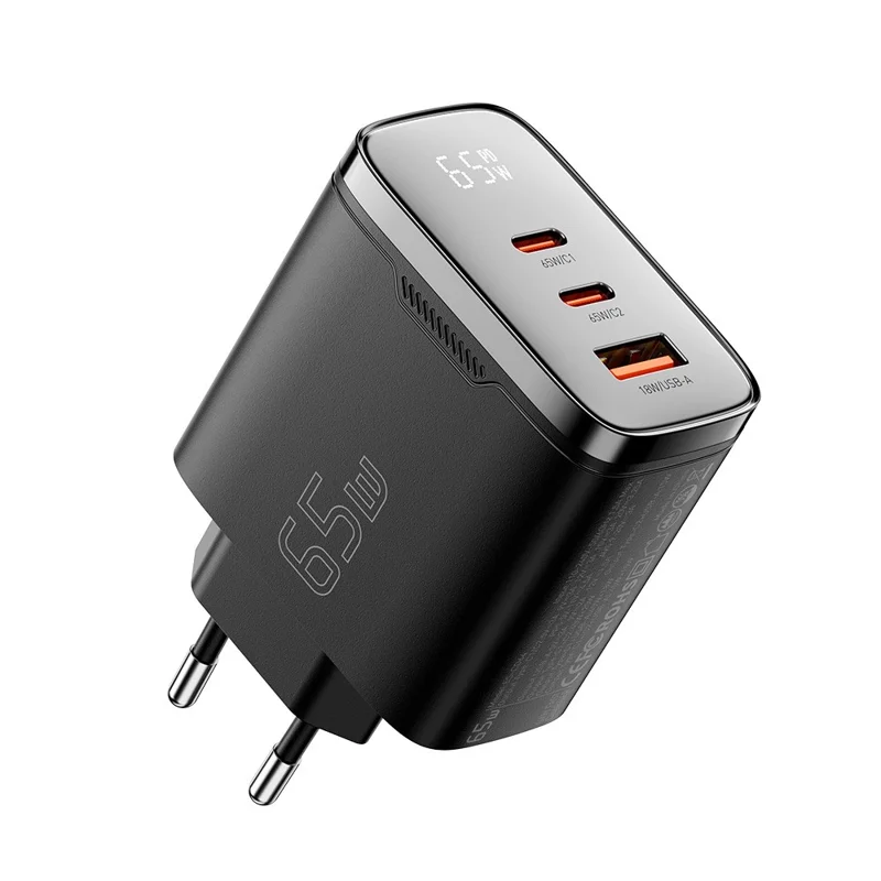شاحن جداري ESSAGER ES-CD64 65 واط من الجاليوم نيتريد، شاحن سريع ثلاثي المنافذ بمنفذين USB-C ومنفذ USB-A بشاشة رقمية، محول طاقة للسفر - أسود / قابس الاتحاد الأوروبي