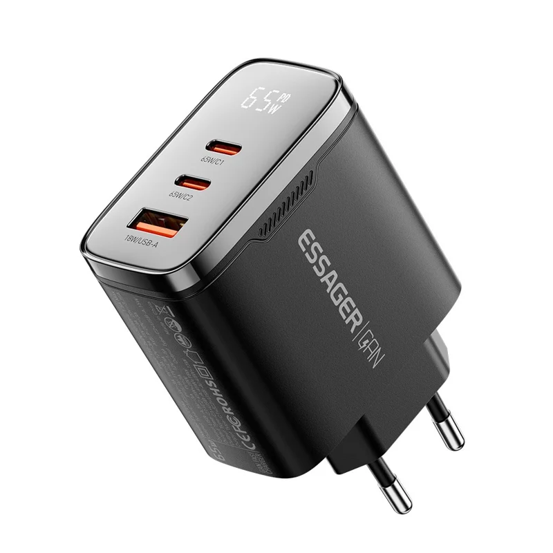 شاحن جداري ESSAGER ES-CD64 65 واط من الجاليوم نيتريد، شاحن سريع ثلاثي المنافذ بمنفذين USB-C ومنفذ USB-A بشاشة رقمية، محول طاقة للسفر - أسود / قابس الاتحاد الأوروبي