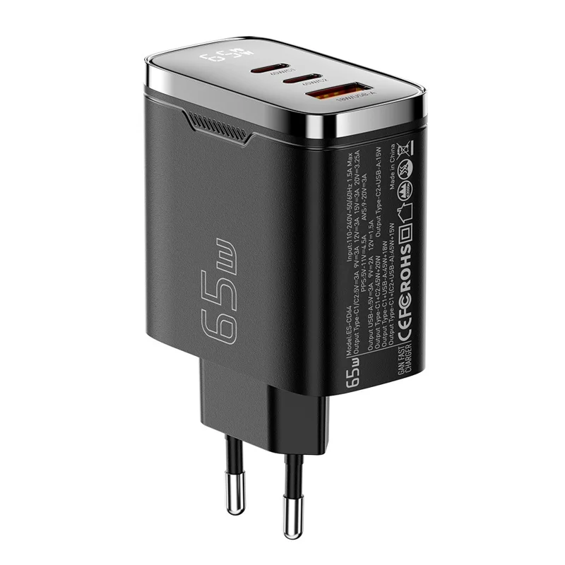 شاحن جداري ESSAGER ES-CD64 65 واط من الجاليوم نيتريد، شاحن سريع ثلاثي المنافذ بمنفذين USB-C ومنفذ USB-A بشاشة رقمية، محول طاقة للسفر - أسود / قابس الاتحاد الأوروبي