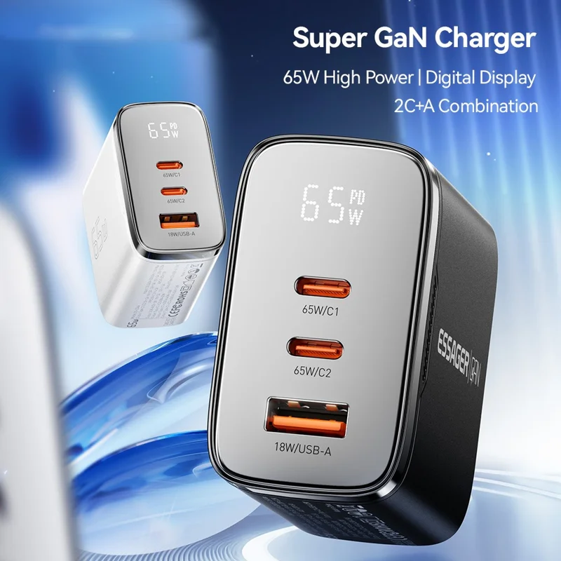 شاحن جداري ESSAGER ES-CD64 65 واط من الجاليوم نيتريد، شاحن سريع ثلاثي المنافذ بمنفذين USB-C ومنفذ USB-A بشاشة رقمية، محول طاقة للسفر - أسود / قابس الاتحاد الأوروبي