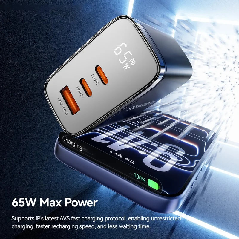 شاحن جداري ESSAGER ES-CD64 65 واط من الجاليوم نيتريد، شاحن سريع ثلاثي المنافذ بمنفذين USB-C ومنفذ USB-A بشاشة رقمية، محول طاقة للسفر - أسود / قابس الاتحاد الأوروبي