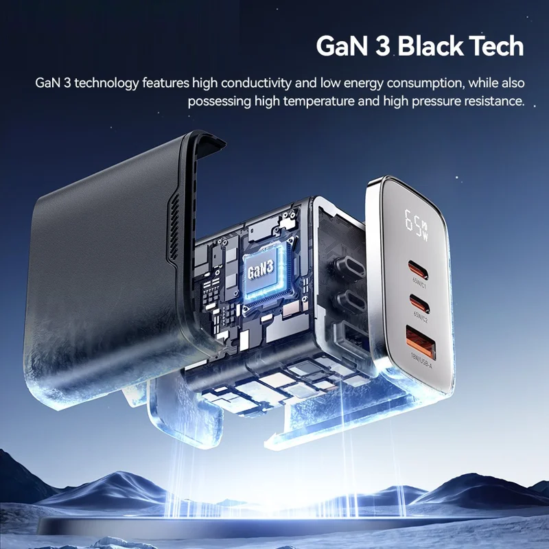شاحن جداري ESSAGER ES-CD64 65 واط من الجاليوم نيتريد، شاحن سريع ثلاثي المنافذ بمنفذين USB-C ومنفذ USB-A بشاشة رقمية، محول طاقة للسفر - أسود / قابس الاتحاد الأوروبي