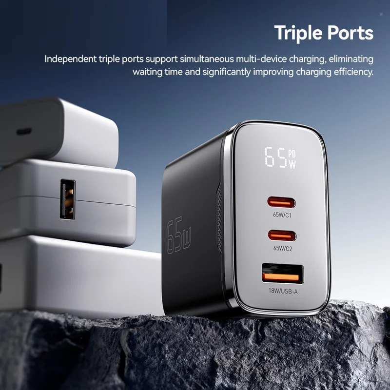 شاحن جداري ESSAGER ES-CD64 65 واط من الجاليوم نيتريد، شاحن سريع ثلاثي المنافذ بمنفذين USB-C ومنفذ USB-A بشاشة رقمية، محول طاقة للسفر - أسود / قابس الاتحاد الأوروبي