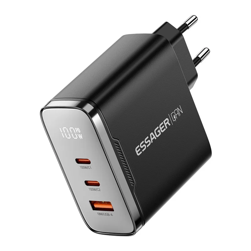 ESSAGER ES-CD56 100W GaN Wall Charger 3-Port 2 USB-C+USB-A Fast Charging Digital Display Travel Power Adapter - Black  /  EU Plug