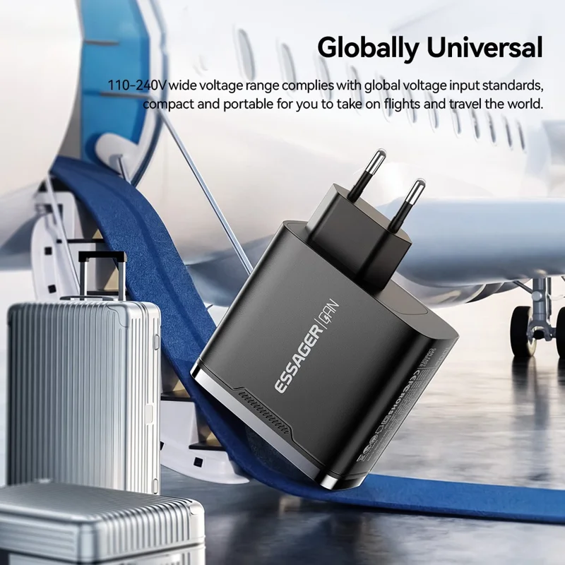 ESSAGER ES-CD56 100W GaN Wall Charger 3-Port 2 USB-C+USB-A Fast Charging Digital Display Travel Power Adapter - Black  /  EU Plug