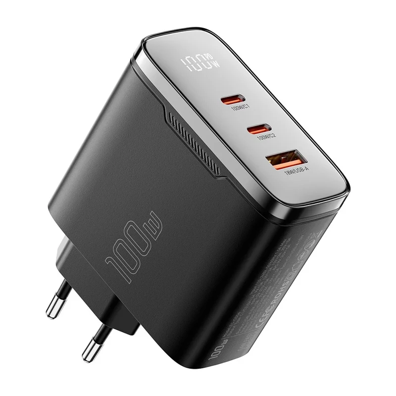 ESSAGER ES-CD56 100W GaN Wall Charger 3-Port 2 USB-C+USB-A Fast Charging Digital Display Travel Power Adapter - Black  /  EU Plug
