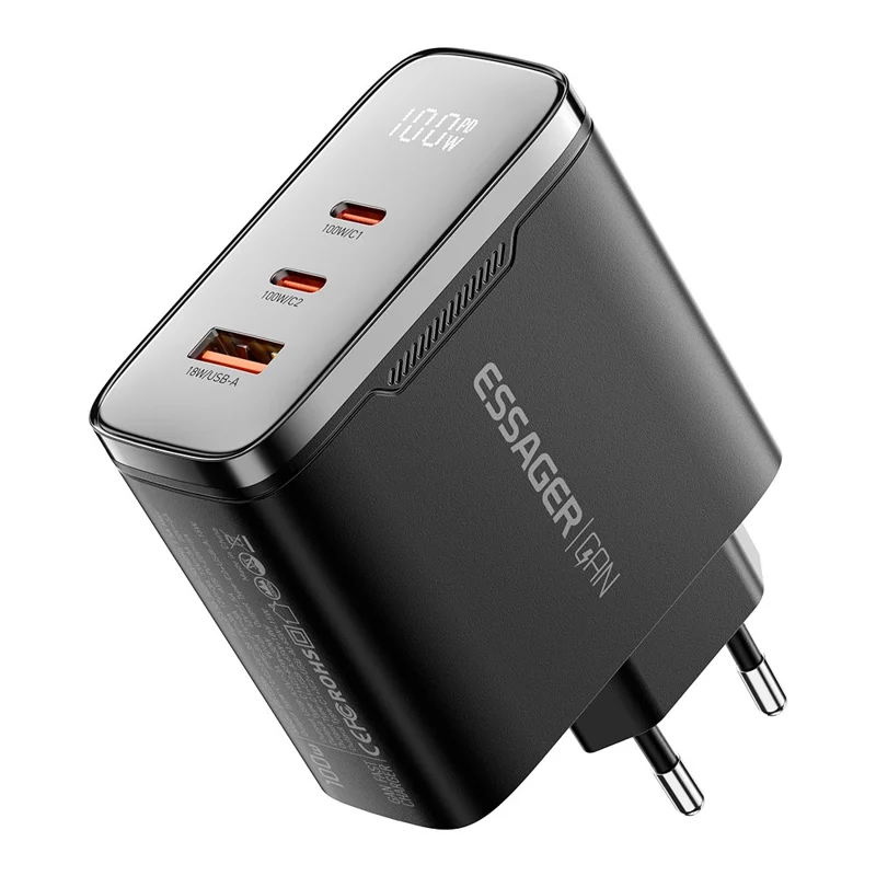 ESSAGER ES-CD56 100W GaN Wall Charger 3-Port 2 USB-C+USB-A Fast Charging Digital Display Travel Power Adapter - Black  /  EU Plug