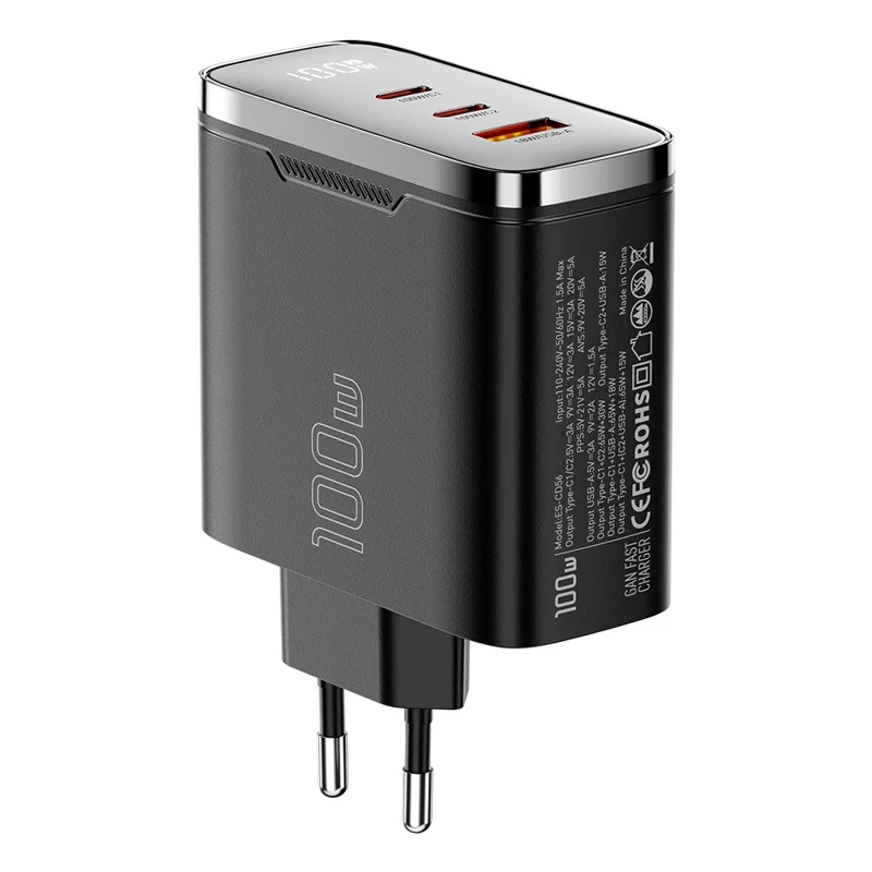 ESSAGER ES-CD56 100W GaN Wall Charger 3-Port 2 USB-C+USB-A Fast Charging Digital Display Travel Power Adapter - Black  /  EU Plug
