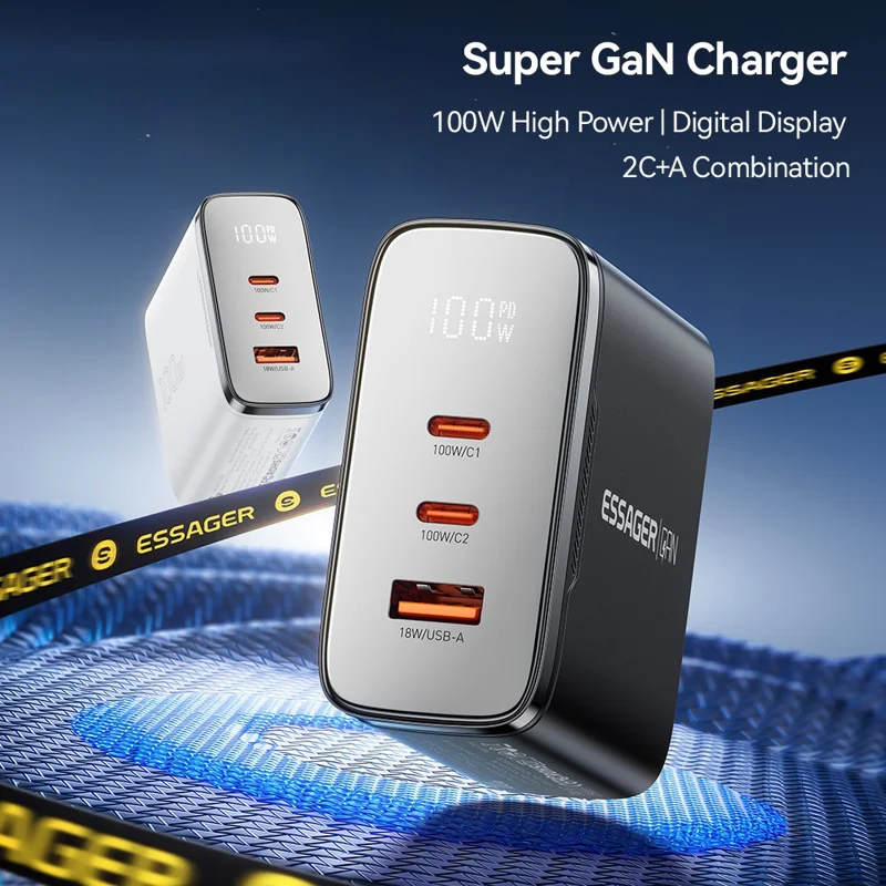 ESSAGER ES-CD56 100W GaN Wall Charger 3-Port 2 USB-C+USB-A Fast Charging Digital Display Travel Power Adapter - Black  /  EU Plug