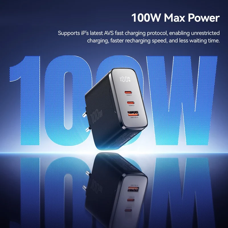 ESSAGER ES-CD56 100W GaN Wall Charger 3-Port 2 USB-C+USB-A Fast Charging Digital Display Travel Power Adapter - Black  /  EU Plug
