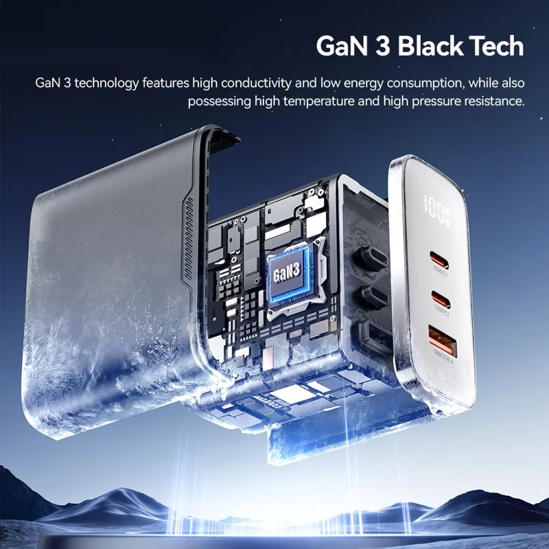 ESSAGER ES-CD56 100W GaN Wall Charger 3-Port 2 USB-C+USB-A Fast Charging Digital Display Travel Power Adapter - Black  /  EU Plug