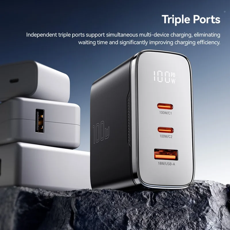 ESSAGER ES-CD56 100W GaN Wall Charger 3-Port 2 USB-C+USB-A Fast Charging Digital Display Travel Power Adapter - Black  /  EU Plug