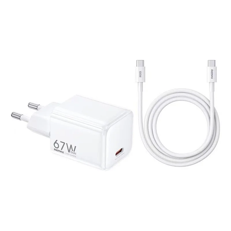 REMAX CA-16 67 W GaN Cargador de Pared Plegable para Viaje con Puerto Tipo C, Adaptador de Alimentación con Carga Rápida PD y Cable USB-C de 100 W - Blanco / Enchufe UE