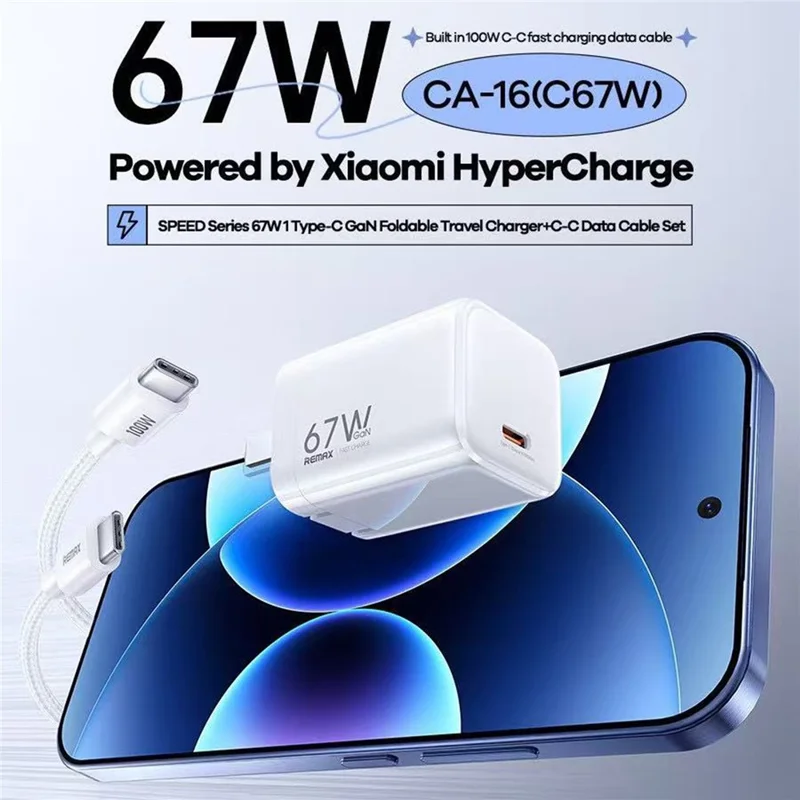 REMAX CA-16 67 W GaN Cargador de Pared Plegable para Viaje con Puerto Tipo C, Adaptador de Alimentación con Carga Rápida PD y Cable USB-C de 100 W - Blanco / Enchufe UE