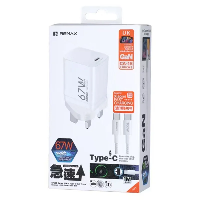 REMAX CA-16 67 W GaN Cargador de Pared Plegable para Viaje con Puerto Tipo C, Adaptador de Alimentación con Carga Rápida PD y Cable USB-C de 100 W - Blanco / Enchufe UE