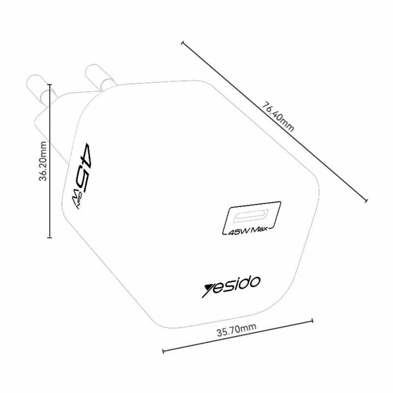 شاحن YESIDO YC116 PD 45 واط من نوع GaN، منفذ واحد من نوع Type-C، محول شحن سريع مع كابل USB-C مجدول - قابس أوروبي