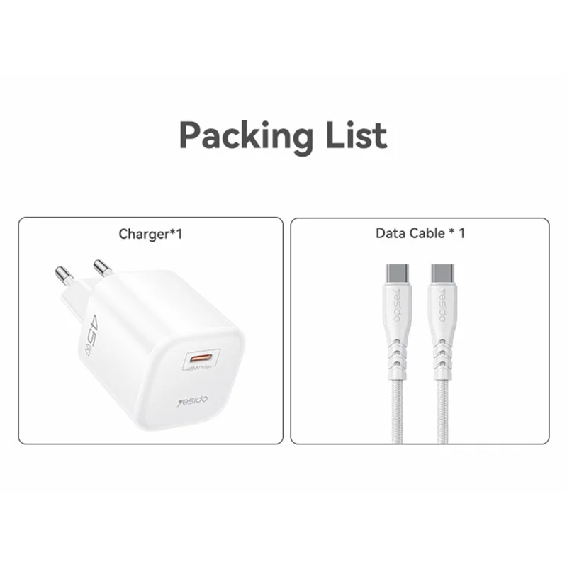 شاحن YESIDO YC116 PD 45 واط من نوع GaN، منفذ واحد من نوع Type-C، محول شحن سريع مع كابل USB-C مجدول - قابس أوروبي