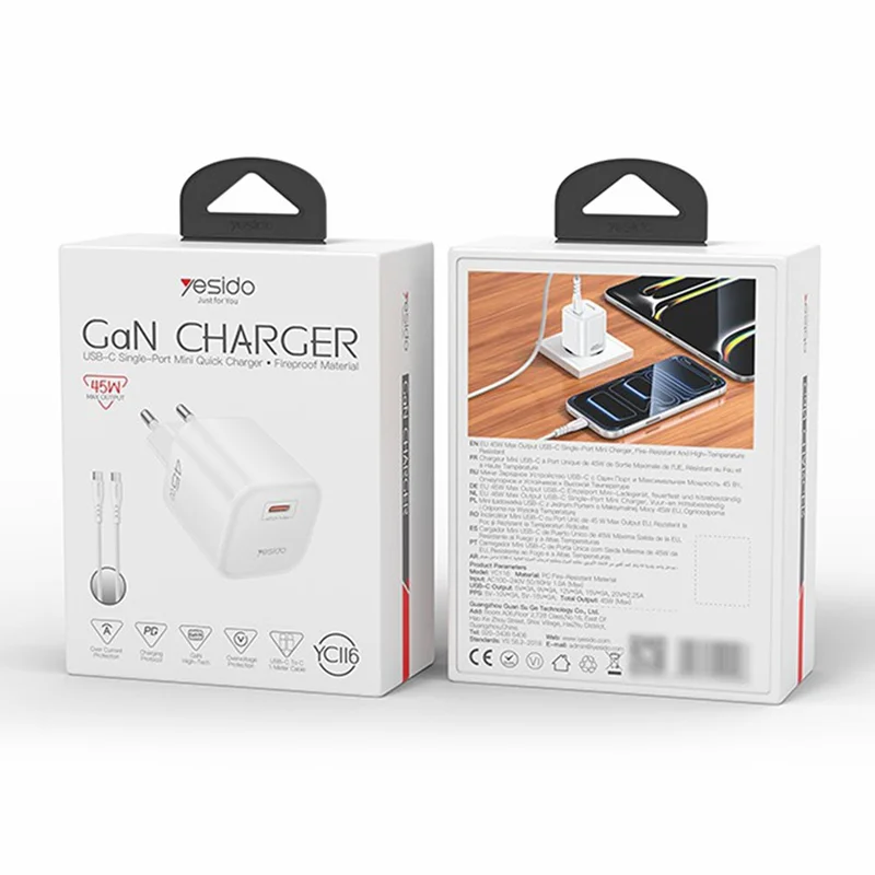 شاحن YESIDO YC116 PD 45 واط من نوع GaN، منفذ واحد من نوع Type-C، محول شحن سريع مع كابل USB-C مجدول - قابس أوروبي