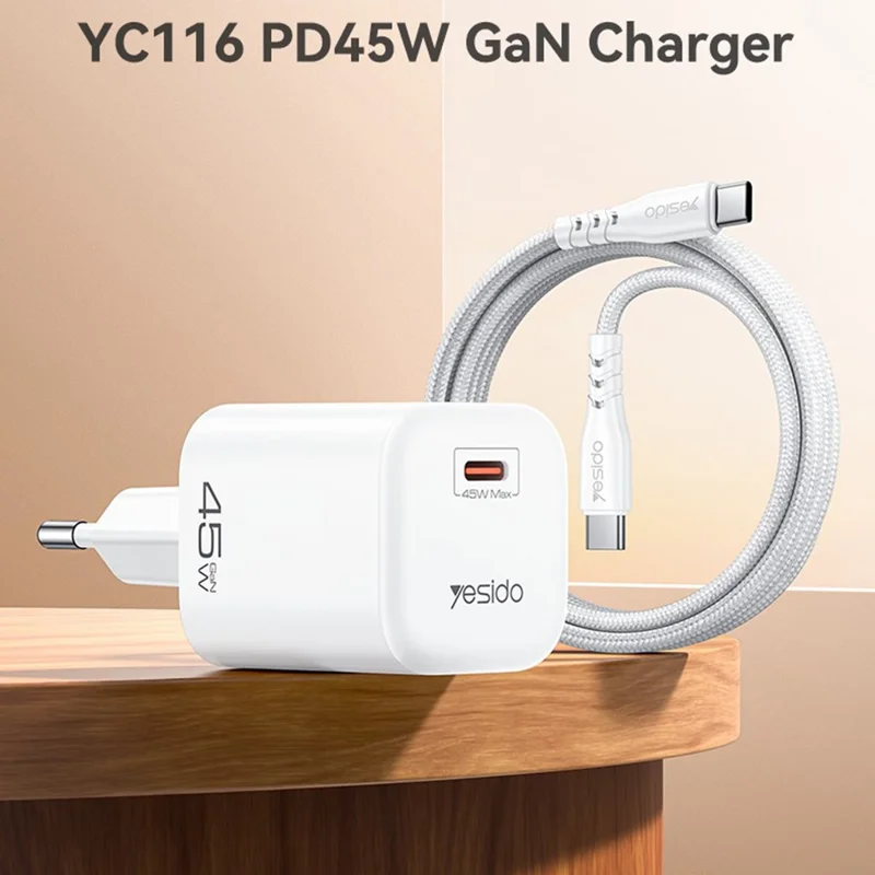 شاحن YESIDO YC116 PD 45 واط من نوع GaN، منفذ واحد من نوع Type-C، محول شحن سريع مع كابل USB-C مجدول - قابس أوروبي