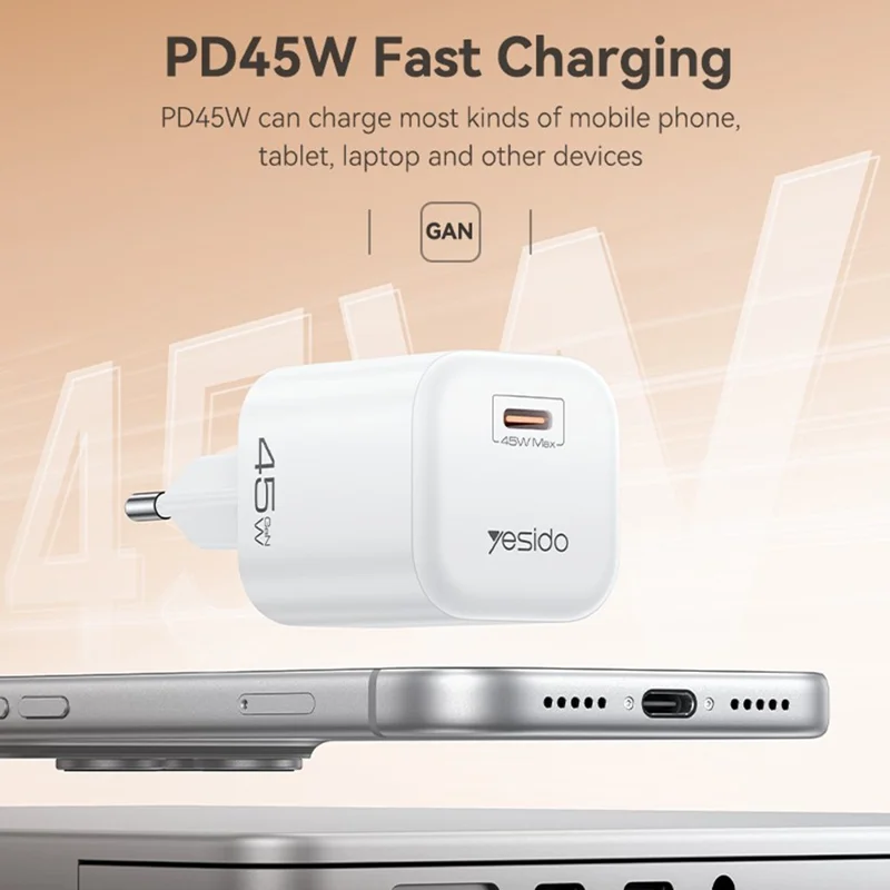 شاحن YESIDO YC116 PD 45 واط من نوع GaN، منفذ واحد من نوع Type-C، محول شحن سريع مع كابل USB-C مجدول - قابس أوروبي