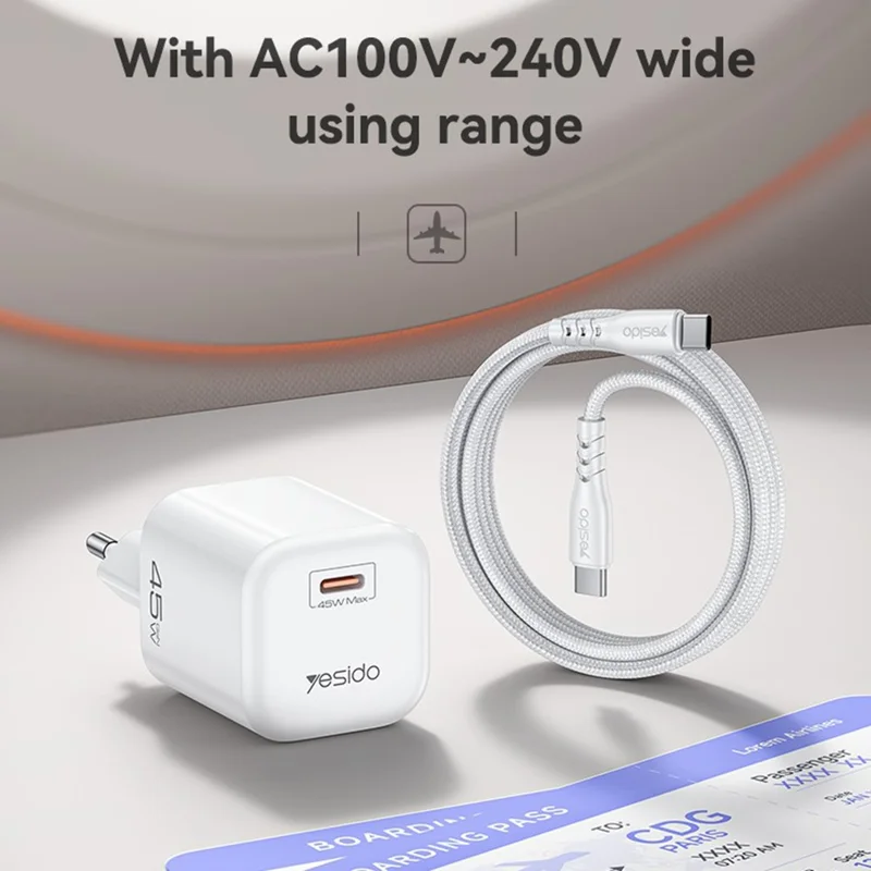 شاحن YESIDO YC116 PD 45 واط من نوع GaN، منفذ واحد من نوع Type-C، محول شحن سريع مع كابل USB-C مجدول - قابس أوروبي