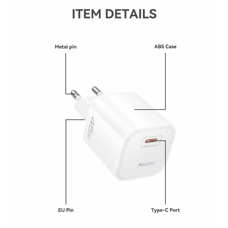 شاحن YESIDO YC116 PD 45 واط من نوع GaN، منفذ واحد من نوع Type-C، محول شحن سريع مع كابل USB-C مجدول - قابس أوروبي