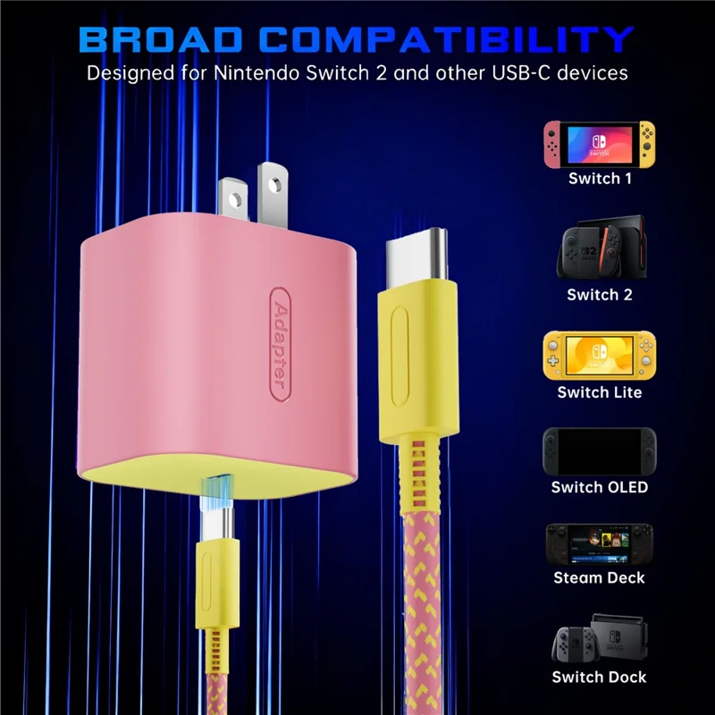 60W USB-C Charger for Switch 1  /  2  /  Lite  /  OLED  /  Dock  /  Steam Deck PD 3.0 Fast Charging Power Adapter - Pink  /  US Plug