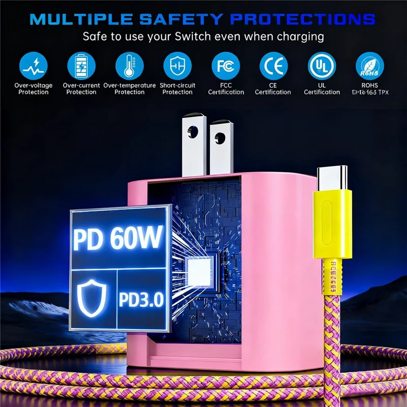 60W USB-C Charger for Switch 1  /  2  /  Lite  /  OLED  /  Dock  /  Steam Deck PD 3.0 Fast Charging Power Adapter - Pink  /  US Plug