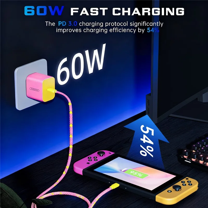 60W USB-C Charger for Switch 1  /  2  /  Lite  /  OLED  /  Dock  /  Steam Deck PD 3.0 Fast Charging Power Adapter - ink  /  UK Plug
