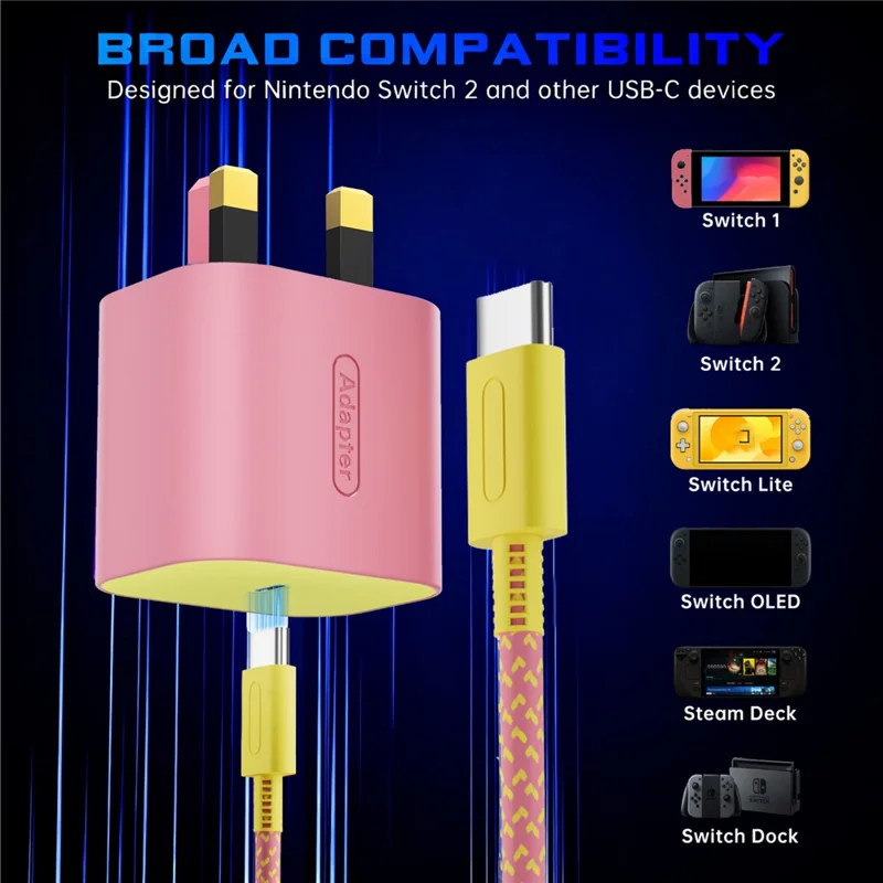 60W USB-C Charger for Switch 1  /  2  /  Lite  /  OLED  /  Dock  /  Steam Deck PD 3.0 Fast Charging Power Adapter - ink  /  UK Plug