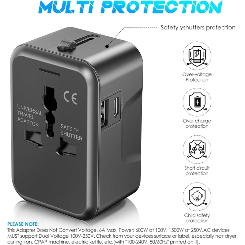 Universal Global Travel Charging Adapter International Plug Charger Converter with AC Outlet + Type C + USB-A Ports - Black