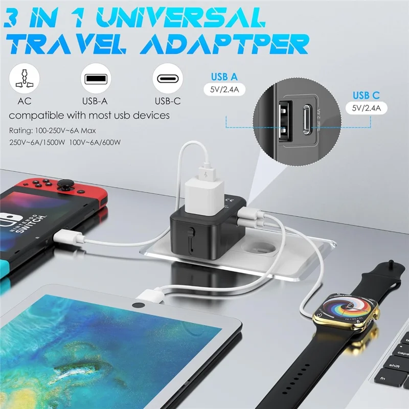 Universal Global Travel Charging Adapter International Plug Charger Converter with AC Outlet + Type C + USB-A Ports - Black