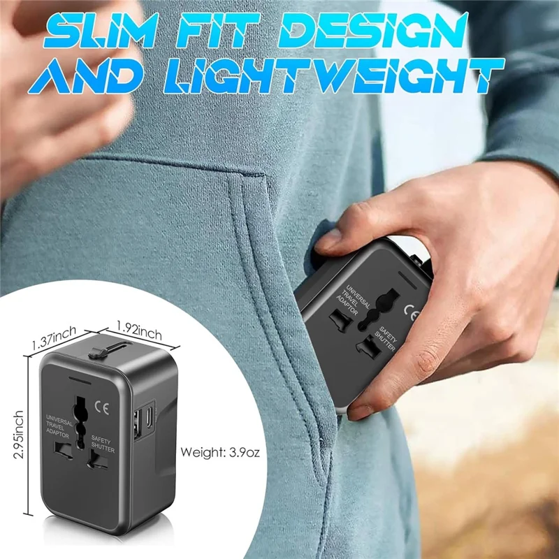 Universal Global Travel Charging Adapter International Plug Charger Converter with AC Outlet + Type C + USB-A Ports - Black