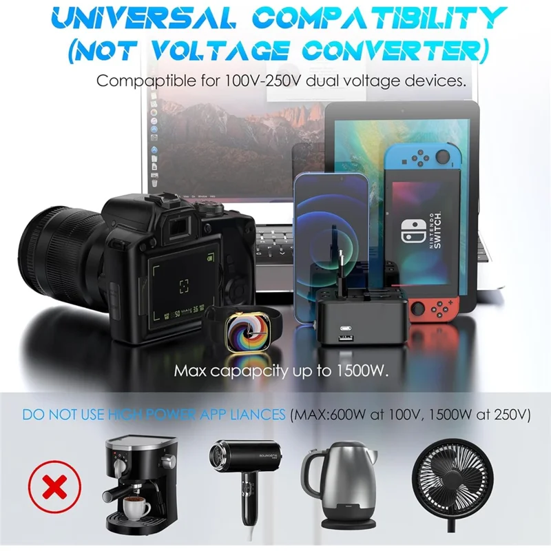 Universal Global Travel Charging Adapter International Plug Charger Converter with AC Outlet + Type C + USB-A Ports - Black