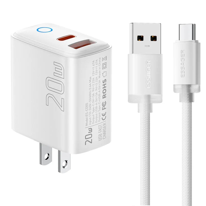ESSAGER ES-CD55 20W Charging Set Type-C + USB-A Fast Charger with USB-A to Type-C Data Cable - US Plug