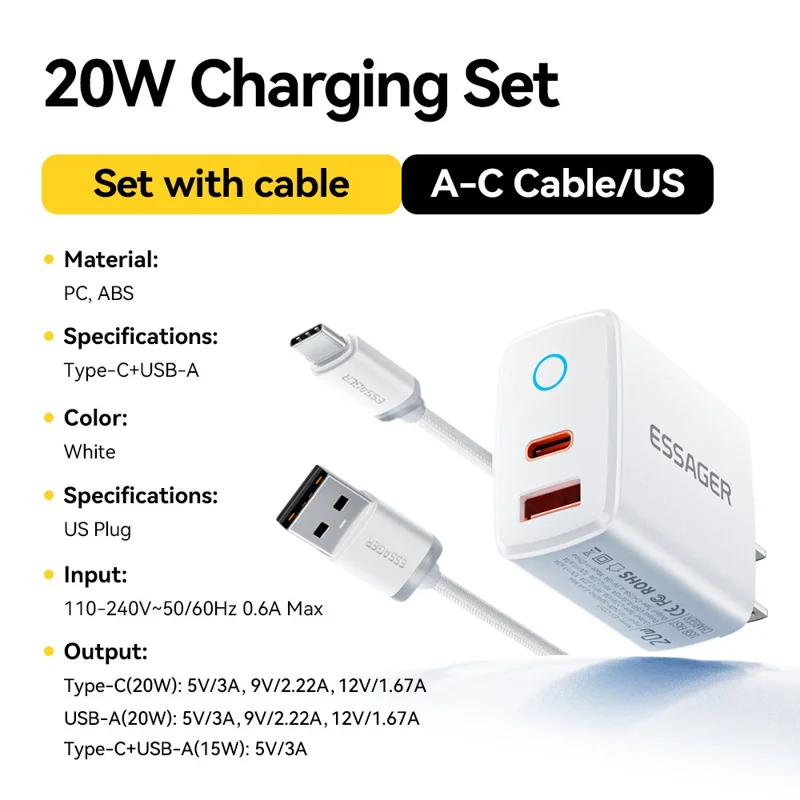 ESSAGER ES-CD55 20W Charging Set Type-C + USB-A Fast Charger with USB-A to Type-C Data Cable - US Plug