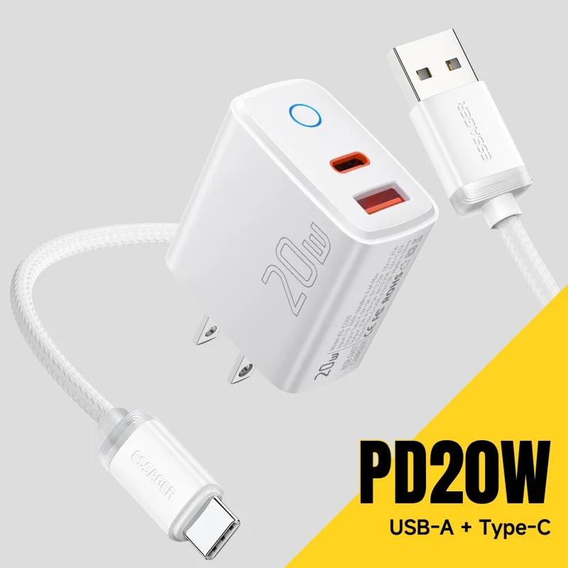ESSAGER ES-CD55 20W Charging Set Type-C + USB-A Fast Charger with USB-A to Type-C Data Cable - US Plug