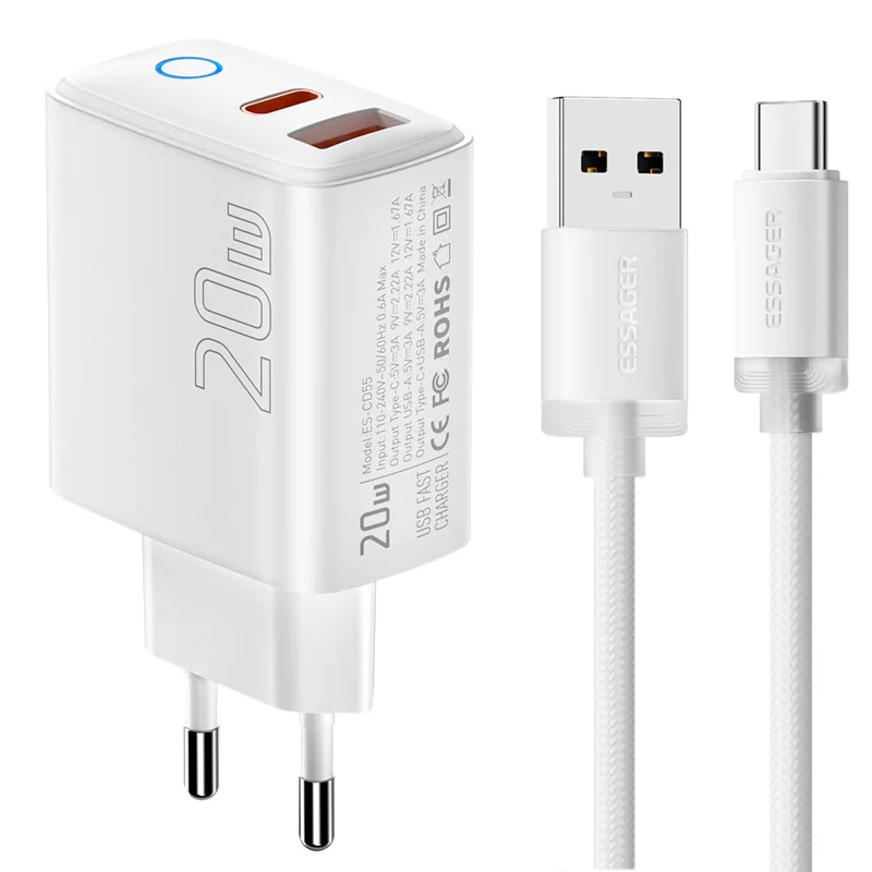 ESSAGER ES-CD55 20W Charging Set Type-C + USB-A Fast Charger with USB-A to Type-C Data Cable - EU Plug