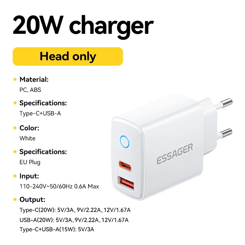 ESSAGER ES-CD55 20W Charging Set Type-C + USB-A Fast Charger with USB-A to Type-C Data Cable - EU Plug