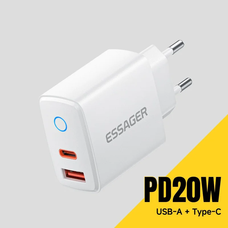 ESSAGER ES-CD55 20W Charging Set Type-C + USB-A Fast Charger with USB-A to Type-C Data Cable - EU Plug