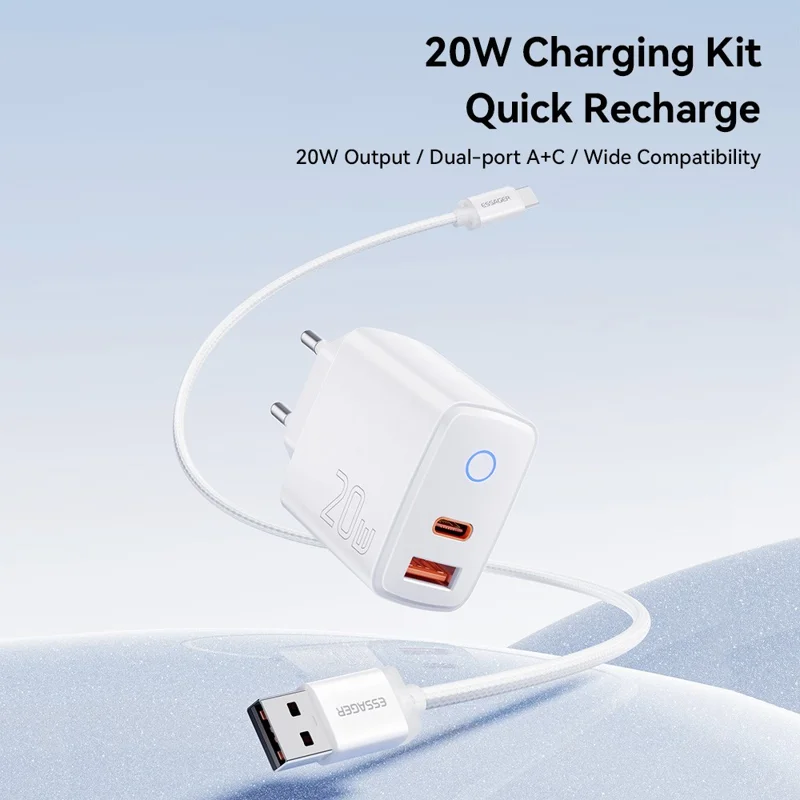 ESSAGER ES-CD55 20W Charging Set Type-C + USB-A Fast Charger with USB-A to Type-C Data Cable - EU Plug