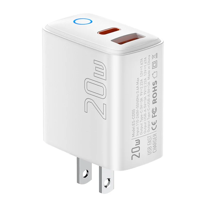 ESSAGER ES-CD55 20W Wall Charger Dual Port USB-A + Type-C Fast Charging Adapter for Phone - US Plug