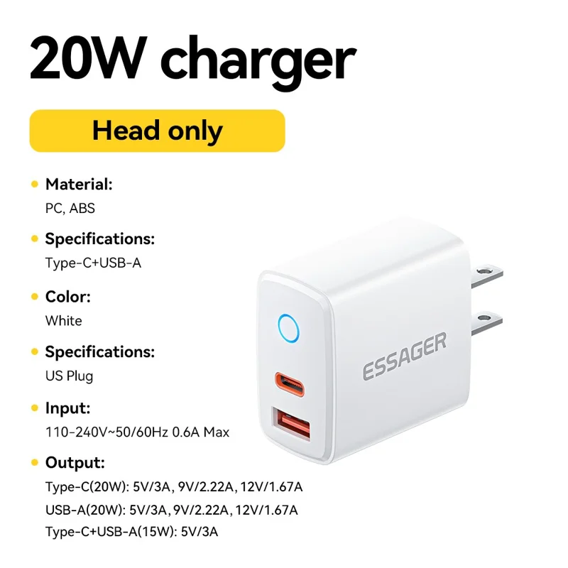ESSAGER ES-CD55 20W Wall Charger Dual Port USB-A + Type-C Fast Charging Adapter for Phone - US Plug
