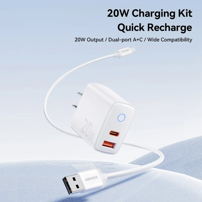 ESSAGER ES-CD55 20W Wall Charger Dual Port USB-A + Type-C Fast Charging Adapter for Phone - US Plug