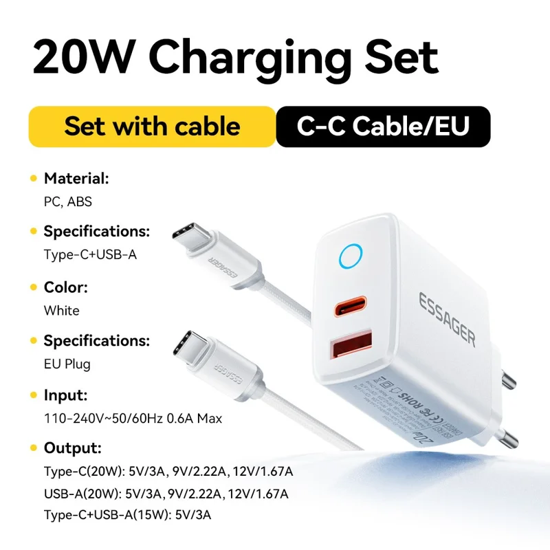 ESSAGER ES-CD55 20W Charger Set Dual Port USB-A  + Type-C Fast Charging Adapter with Type-C to Type-C Cable - EU Plug