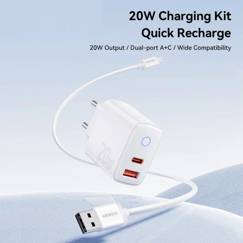 ESSAGER ES-CD55 20W Charger Set Dual Port USB-A  + Type-C Fast Charging Adapter with Type-C to Type-C Cable - EU Plug